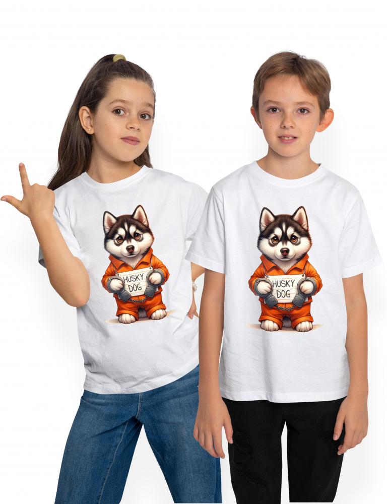 Tricou Copii cu un caine Husky la puscarie, incatusat, uniforma de detinut, serios, ilustratie  100% Bumbac, Unisex, Alb, 8 Ani, 52CM [1]