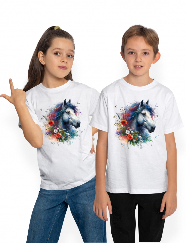 Tricou Copii cu un cal, ilustratie, flori, plante, abstract, animal domestic, echitatie, libertate, natura,  100% Bumbac, Unisex, Alb, 8 Ani, 52CM [1]