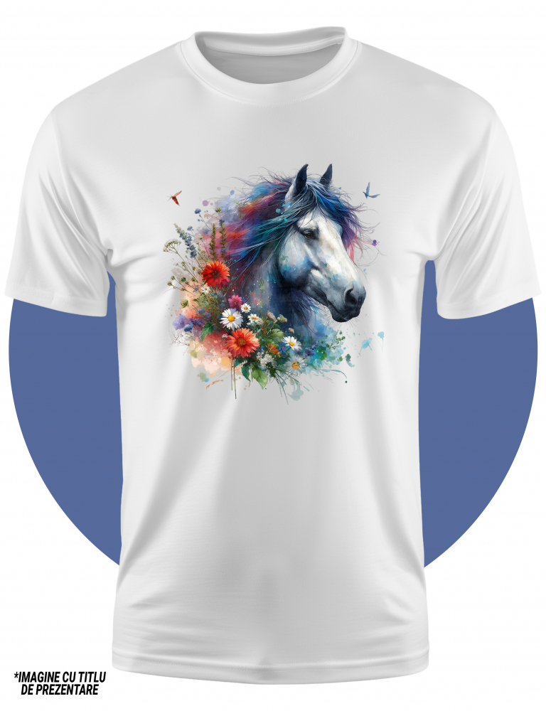 Tricou Copii cu un cal, ilustratie, flori, plante, abstract, animal domestic, echitatie, libertate, natura,  100% Bumbac, Unisex, Alb, 8 Ani, 52CM [2]