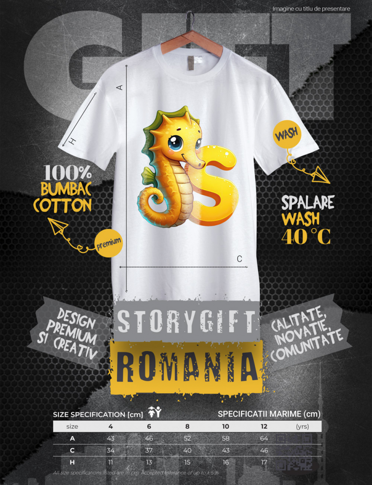 Tricou Copii cu un calut de mare cu litera "S", ilustratie, pentru copii, scoala, elev, abecedar, alfabet, invata  100% Bumbac, Unisex, Alb, 12 Ani, 64CM [2]