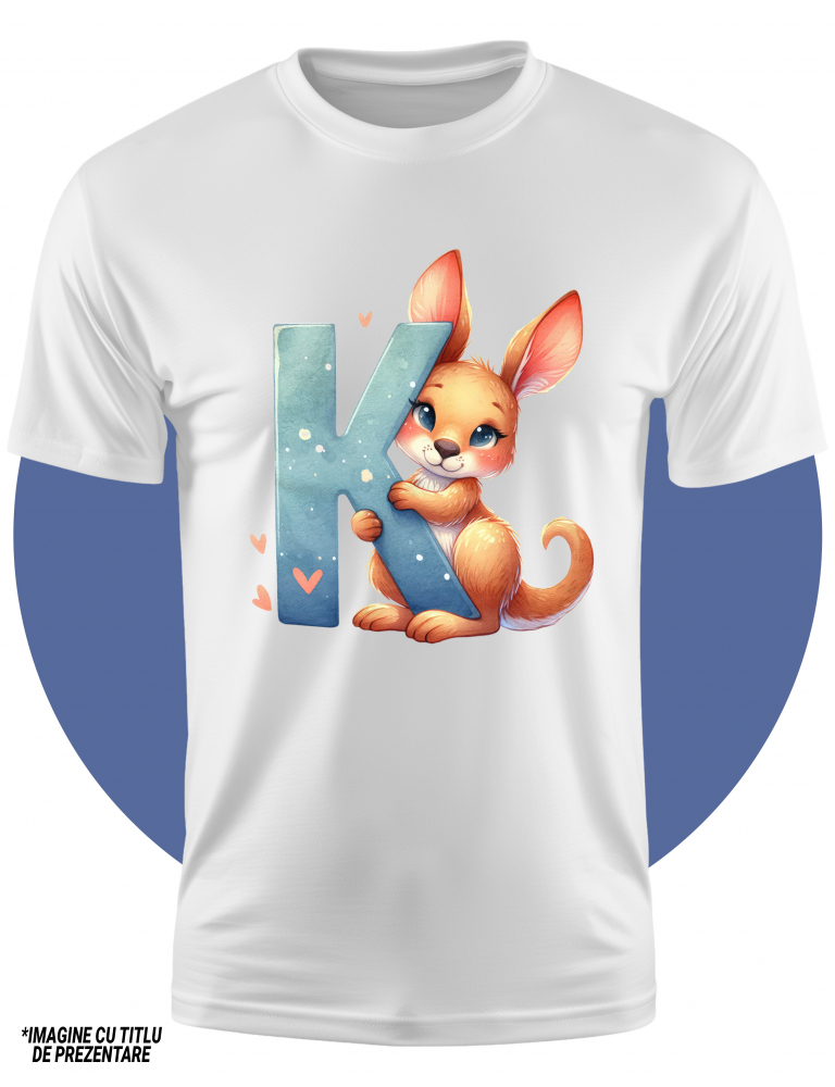 Tricou Copii cu un cangur cu litera "K", ilustratie, pentru copii, scoala, elev, abecedar, alfabet, scrie  100% Bumbac, Unisex, Alb, 8 Ani, 52CM [2]