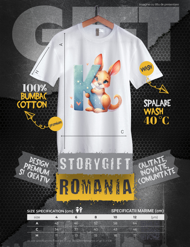 Tricou Copii cu un cangur cu litera "K", ilustratie, pentru copii, scoala, elev, abecedar, alfabet, scrie  100% Bumbac, Unisex, Alb, 8 Ani, 52CM [3]