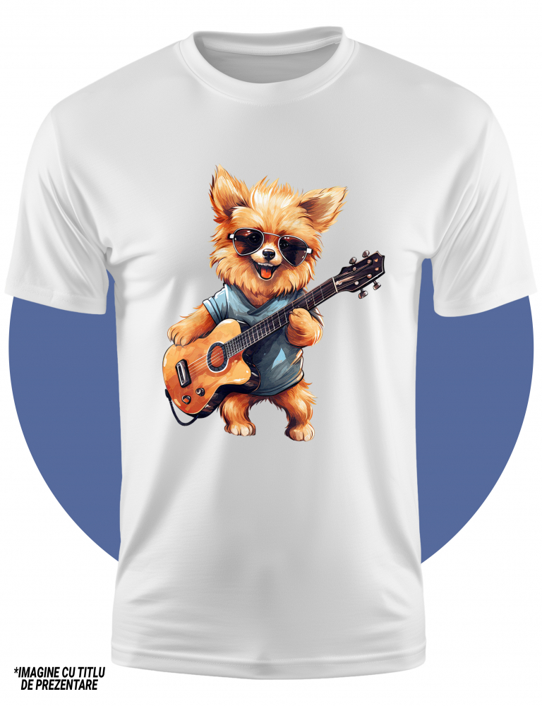 Tricou Copii cu un catelus blanos care canta la chitara, ilustratie, muzica, pasiune, instrument muzical, melodie, talent,  100% Bumbac, Unisex, Alb, 6 Ani, 46CM [2]