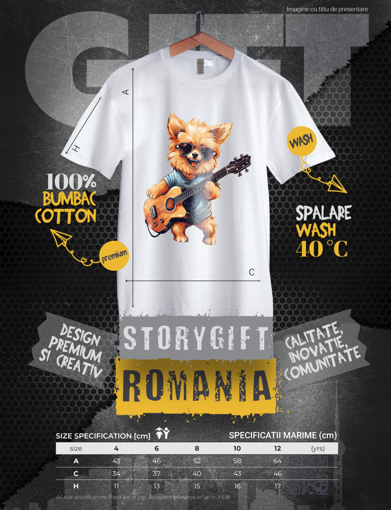 Tricou Copii cu un catelus blanos care canta la chitara, ilustratie, muzica, pasiune, instrument muzical, melodie, talent,  100% Bumbac, Unisex, Alb, 6 Ani, 46CM [3]