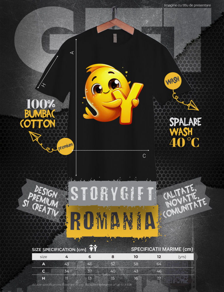 Tricou Copii cu un pestisor de aur cu litera "Y", ilustratie, pentru copii, scoala, elev, abecedar, alfabet  100% Bumbac, Unisex, Negru, 10 Ani, 58CM [3]