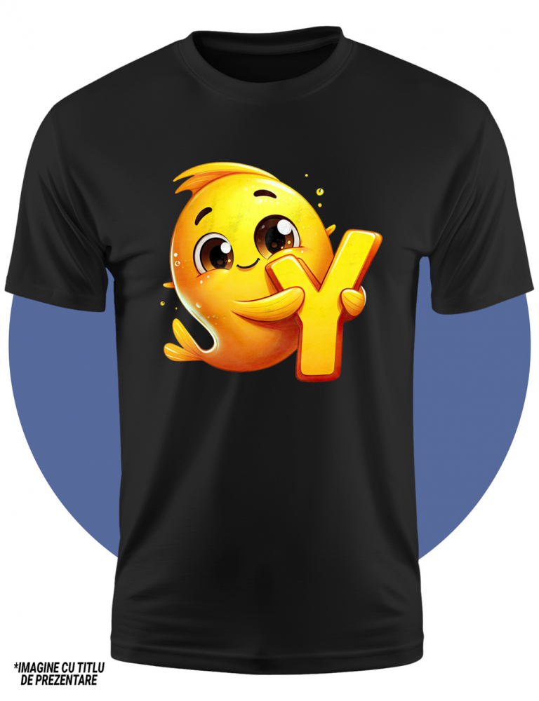 Tricou Copii cu un pestisor de aur cu litera "Y", ilustratie, pentru copii, scoala, elev, abecedar, alfabet  100% Bumbac, Unisex, Negru, 10 Ani, 58CM [2]