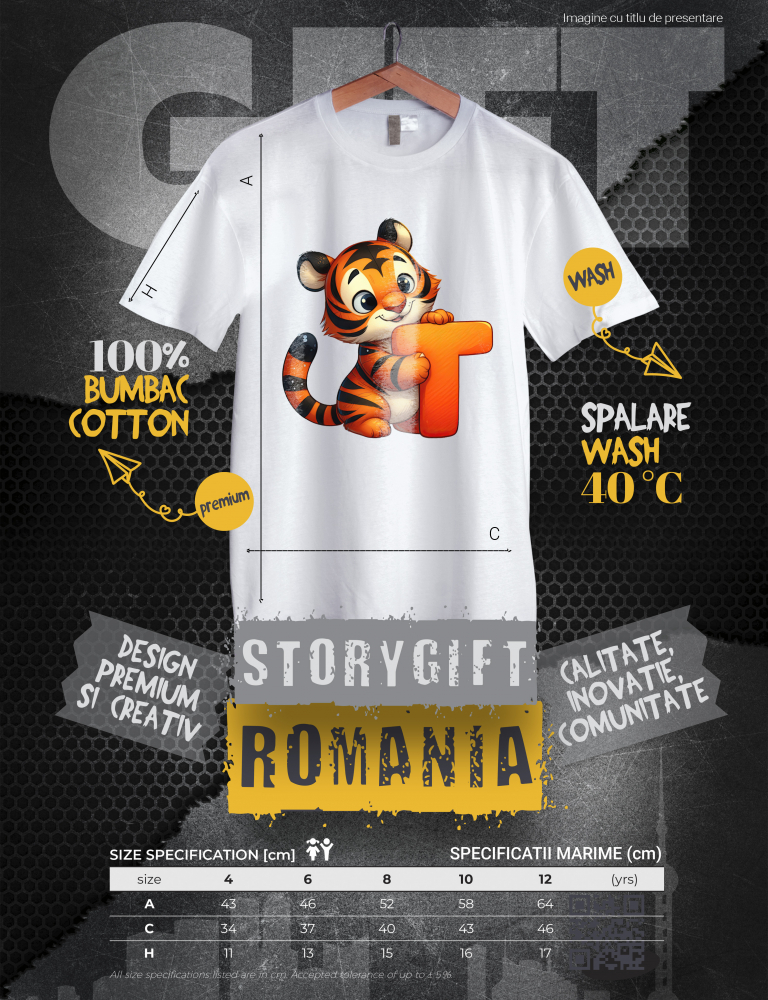 Tricou Copii cu un tigru cu litera "T", ilustratie, pentru copii, scoala, elev, abecedar, alfabet, scrie, invata  100% Bumbac, Unisex, Alb, 12 Ani, 64CM [3]