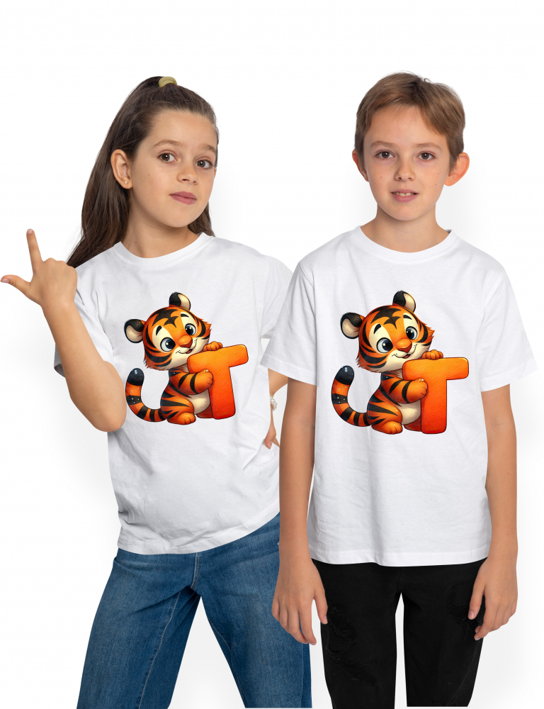 Tricou Copii cu un tigru cu litera "T", ilustratie, pentru copii, scoala, elev, abecedar, alfabet, scrie, invata  100% Bumbac, Unisex, Alb, 12 Ani, 64CM [1]