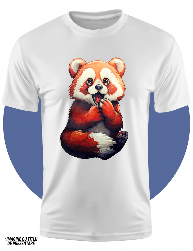 Tricou Copii cu un urs Panda Rosu socat, ilustratie, a vazut ceva ireal, nu ii vine sa creada, uimit, frica,  100% Bumbac, Unisex, Alb, 8 Ani, 52CM [2]