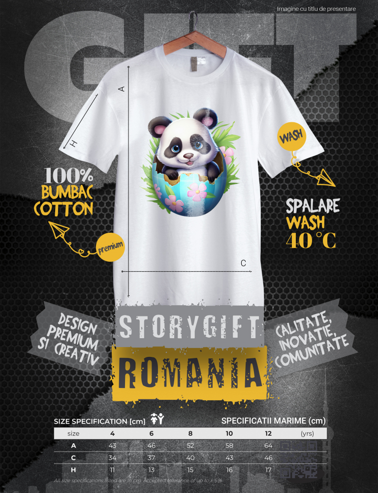 Tricou Copii cu un ursulet Panda care iese dintr-un ou spart, ilustratie, floricele, a venit pe lume, ierburi, fericire,  100% Bumbac, Unisex, Alb, 8 Ani, 52CM [2]