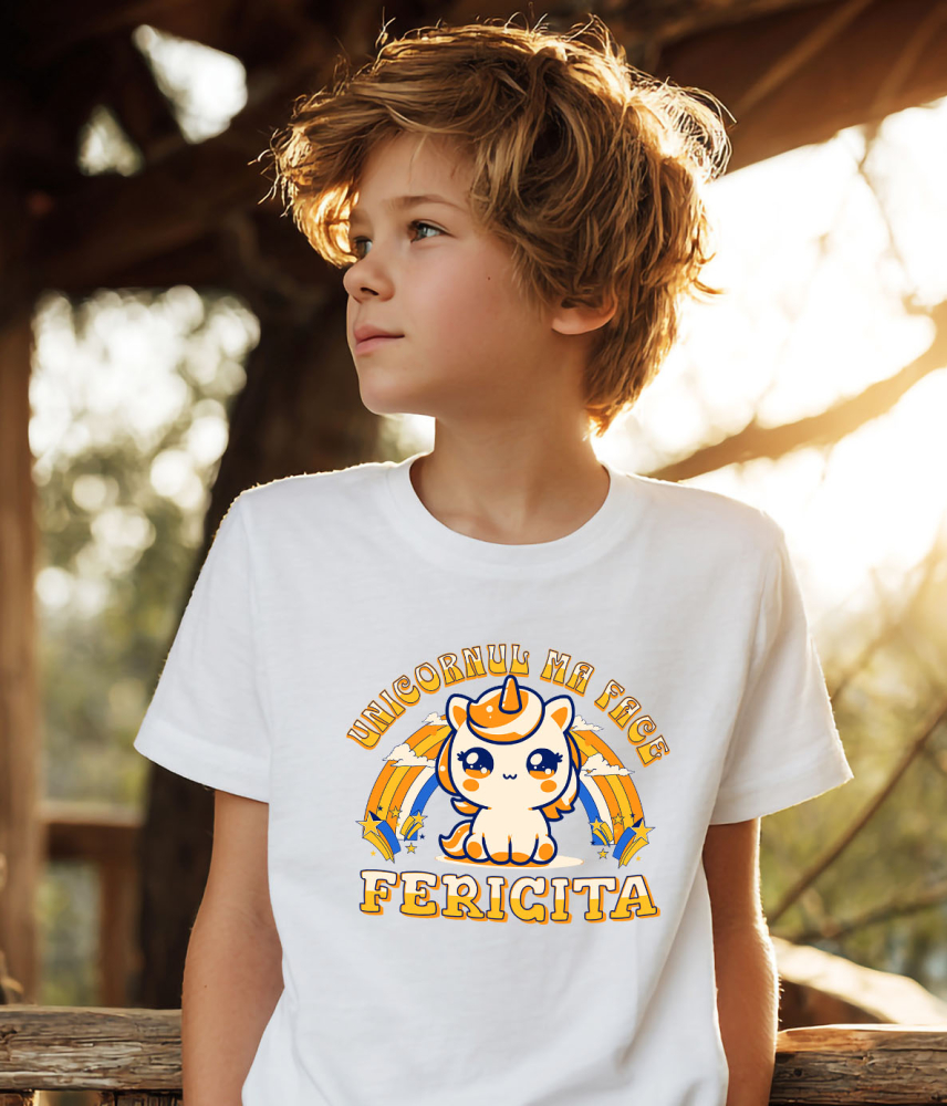 Tricou Femei, Barbati, Copii, Fata, Baiat, Unisex Personalizat Unicorn Galben Colorat cu Curcubeu – „Unicornul Mă Face Fericită” | Cadou Personalizat [4]