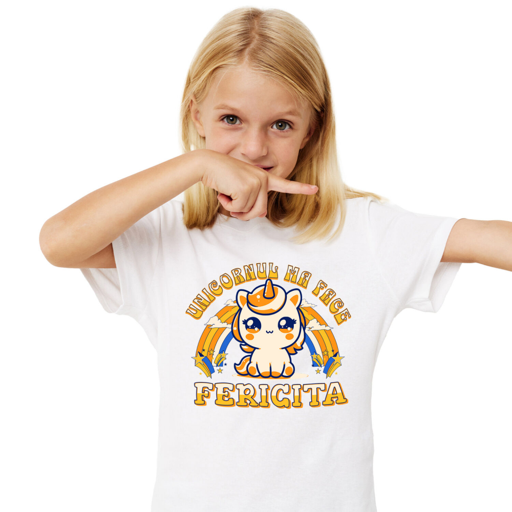 Tricou Femei, Barbati, Copii, Fata, Baiat, Unisex Personalizat Unicorn Galben Colorat cu Curcubeu – „Unicornul Mă Face Fericită” | Cadou Personalizat [2]