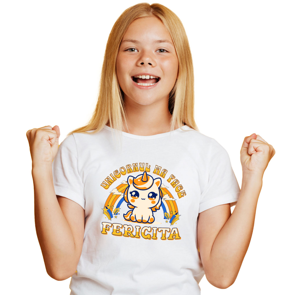 Tricou Femei, Barbati, Copii, Fata, Baiat, Unisex Personalizat Unicorn Galben Colorat cu Curcubeu – „Unicornul Mă Face Fericită” | Cadou Personalizat [1]