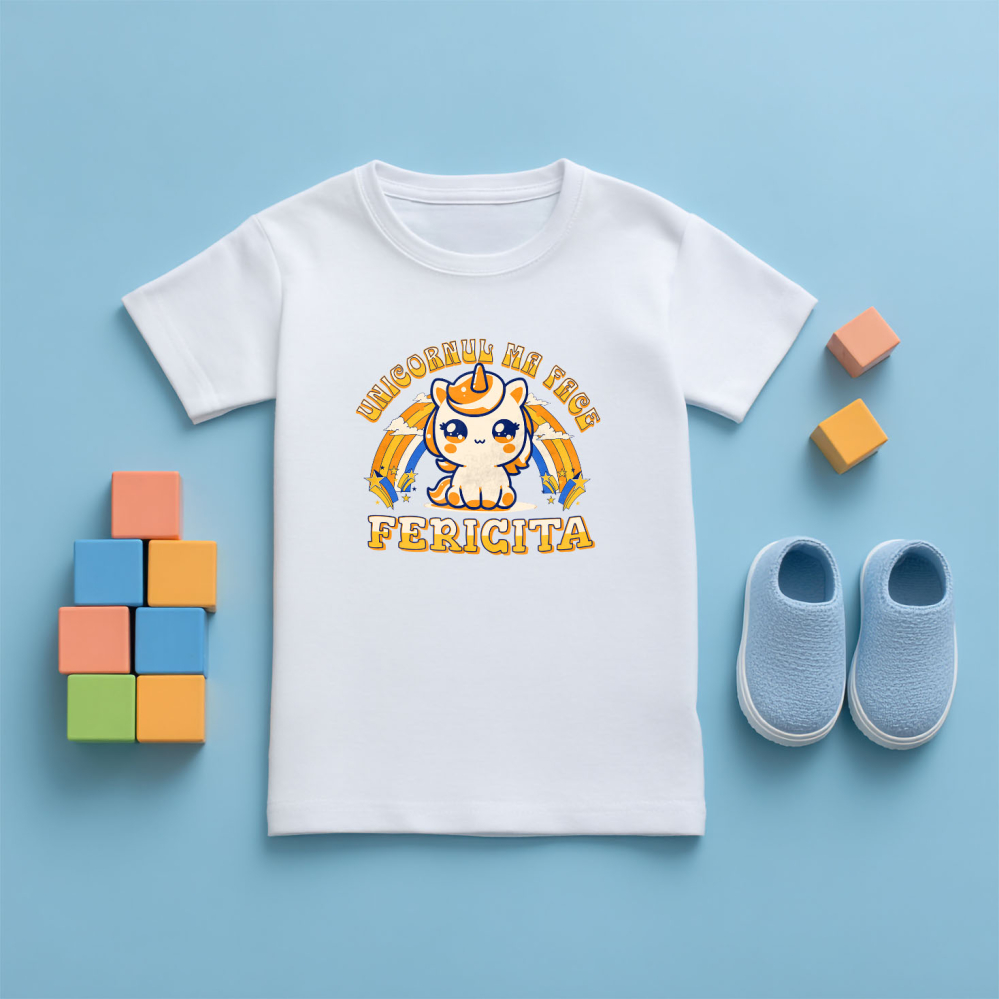 Tricou Femei, Barbati, Copii, Fata, Baiat, Unisex Personalizat Unicorn Galben Colorat cu Curcubeu – „Unicornul Mă Face Fericită” | Cadou Personalizat [5]