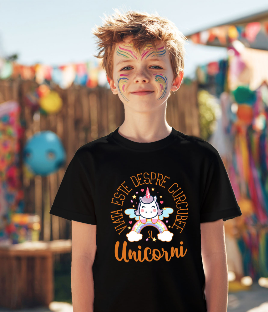 Tricou Femei, Barbati, Copii, Fata, Baiat, Unisex Personalizat Unicorn pe Curcubeu Multicolor – Cadou Personalizat pentru Copii și Familie [4]