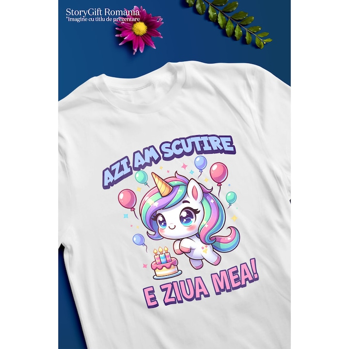 Tricou Copii cu Unicorn Vesel Multicolor Cu Coif Aniversar Baloane Petrecere Copii cu imprimeu pe Fata, 100% Bumbac, Alb, 8 Ani [3]