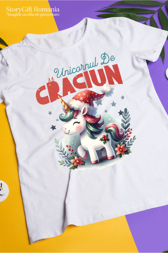 Tricou Femei, Barbati, Copii, Fata, Baiat, Unisex Personalizat Unicorn Vesel Roz cu Căciulă de Moș Crăciun – Cadouri Personalizate pentru Crăciun Magic [3]