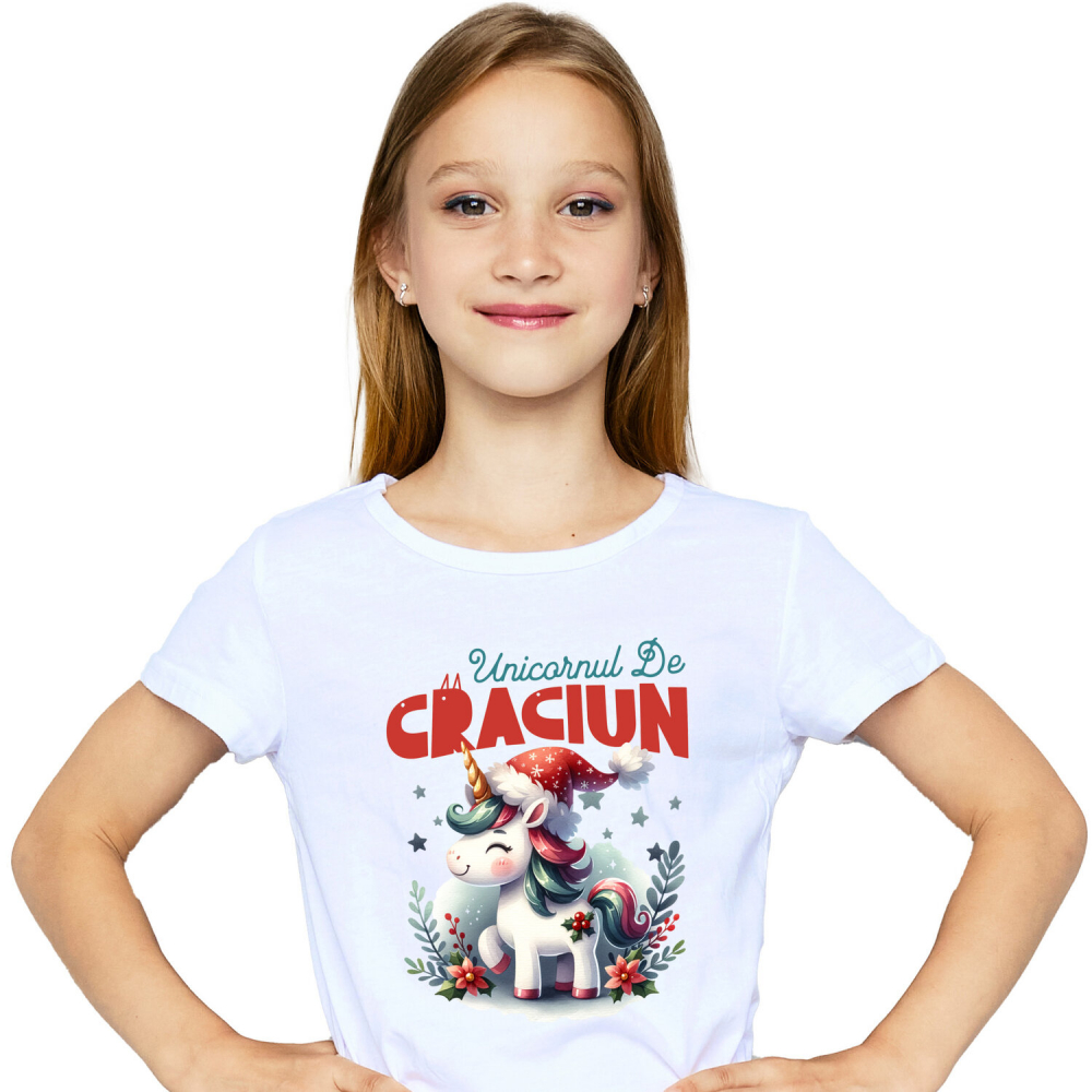 Tricou Femei, Barbati, Copii, Fata, Baiat, Unisex Personalizat Unicorn Vesel Roz cu Căciulă de Moș Crăciun – Cadouri Personalizate pentru Crăciun Magic [2]