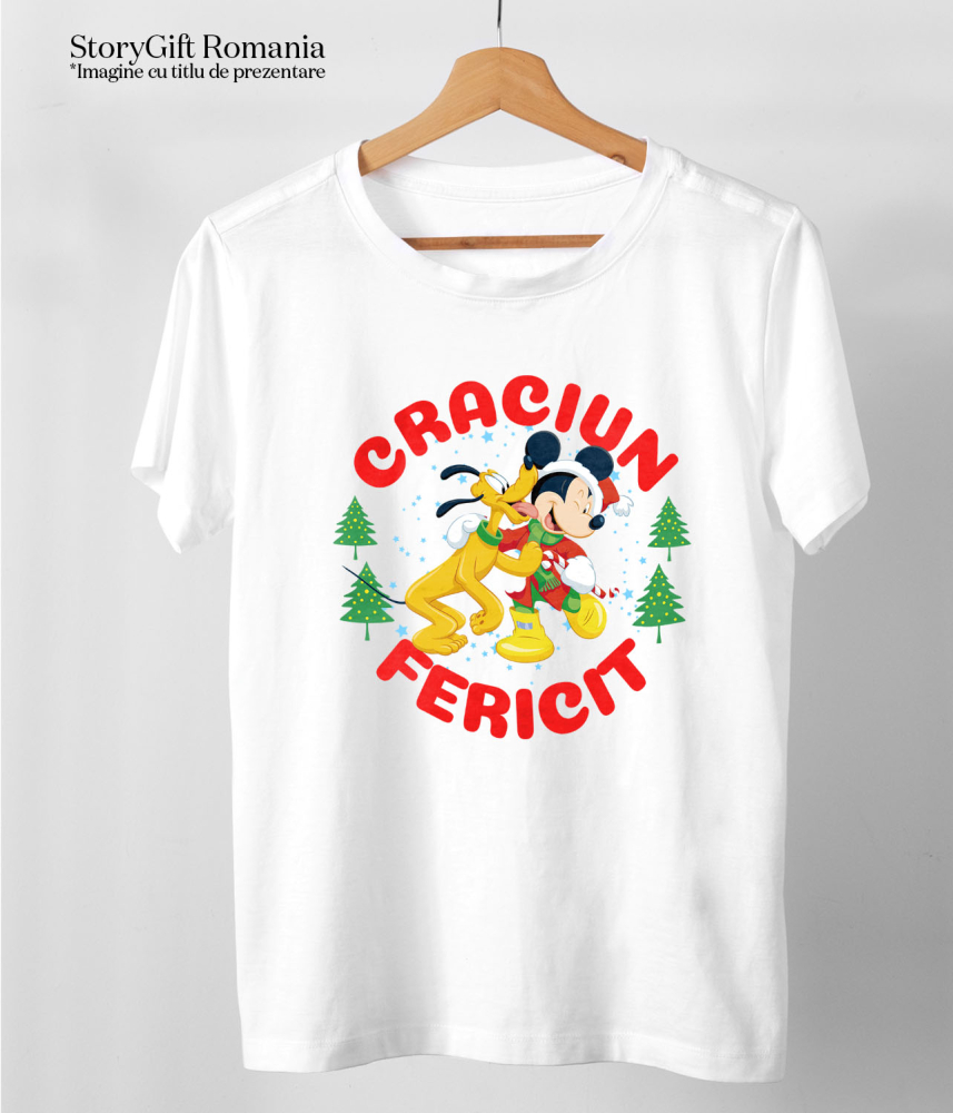 Tricou Copii cu Univers Disney cu Mickey Mouse si Pluto de Craciun 100% Bumbac, Alb, 10 Ani [5]