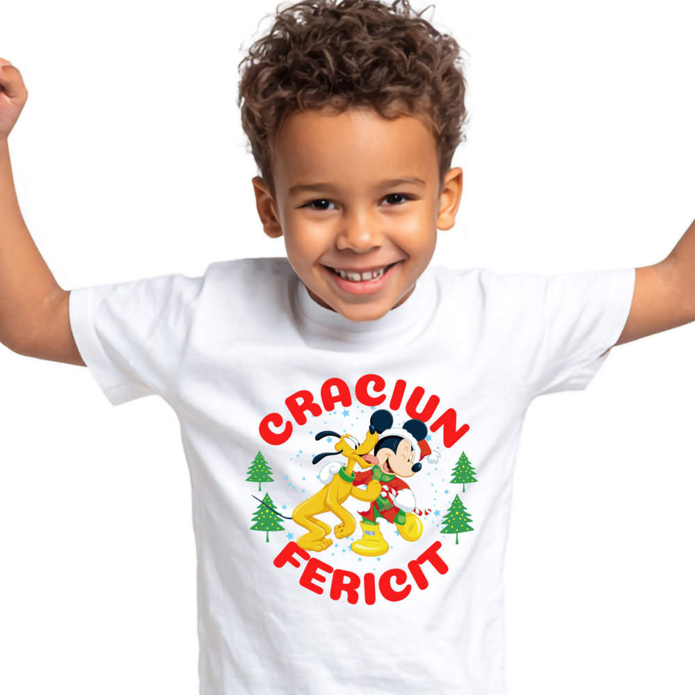 Tricou Copii cu Univers Disney cu Mickey Mouse si Pluto de Craciun 100% Bumbac, Alb, 10 Ani [2]