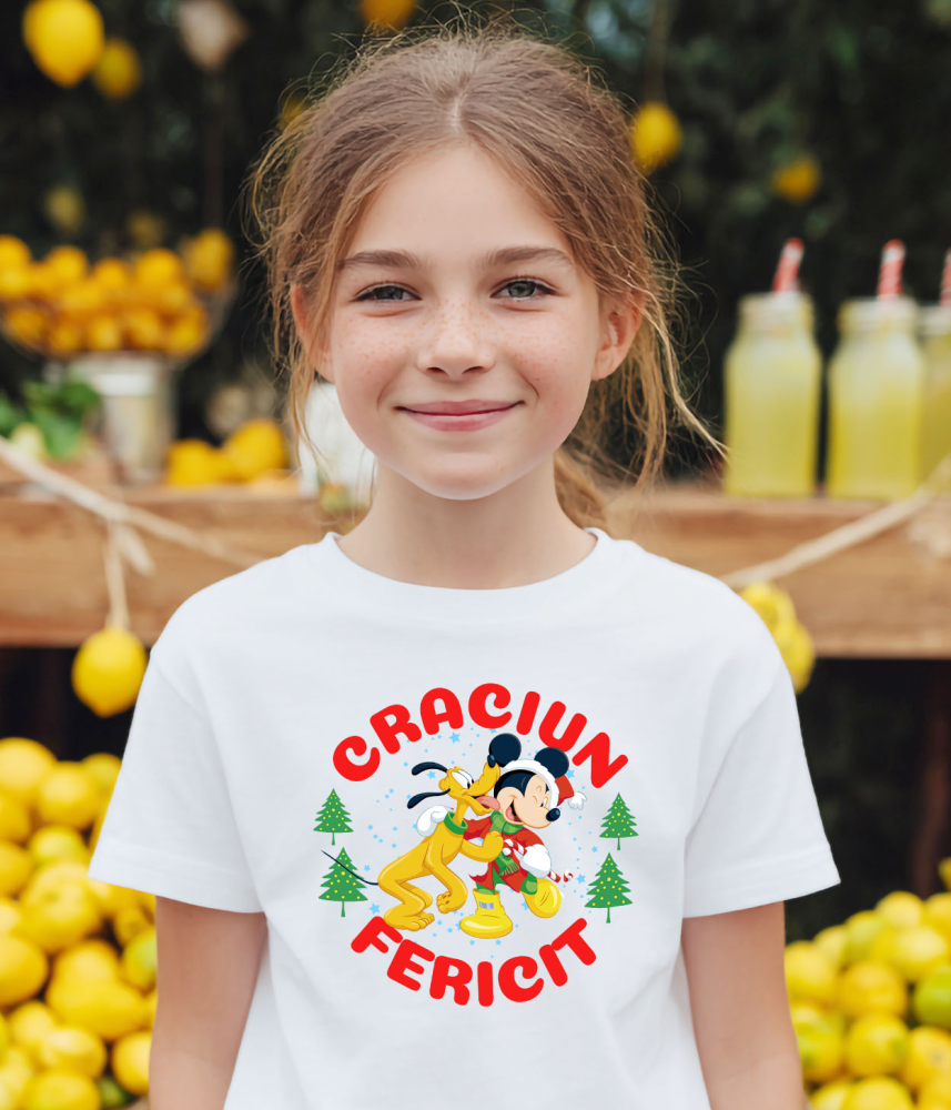 Tricou Copii cu Univers Disney cu Mickey Mouse si Pluto de Craciun 100% Bumbac, Alb, 10 Ani [3]
