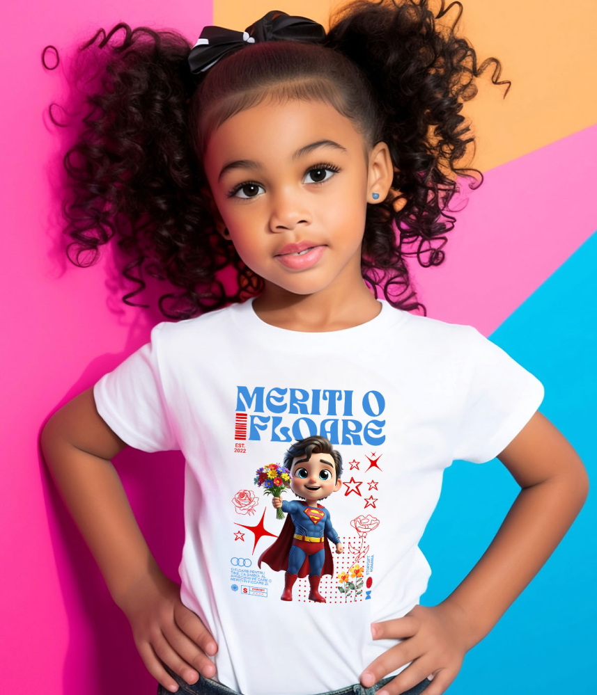 Tricou Copii cu Univers Disney cu Superman si Flori 100% Bumbac, Alb, 6 Ani [4]