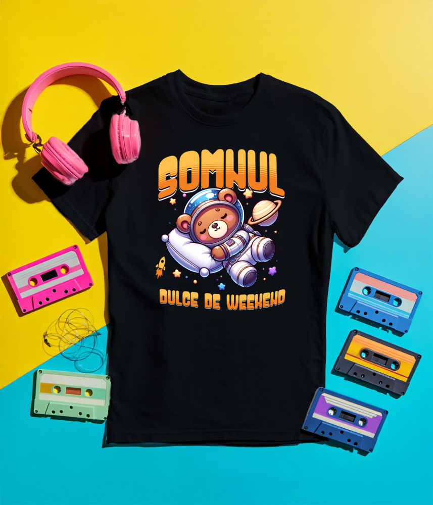 Tricou Femei, Barbati, Copii, Fata, Baiat, Unisex Personalizat Urs de Plus Maro – Somnul Dulce de Weekend în Spațiu Printre Stele | Cadou Personalizat pentru Copii [5]