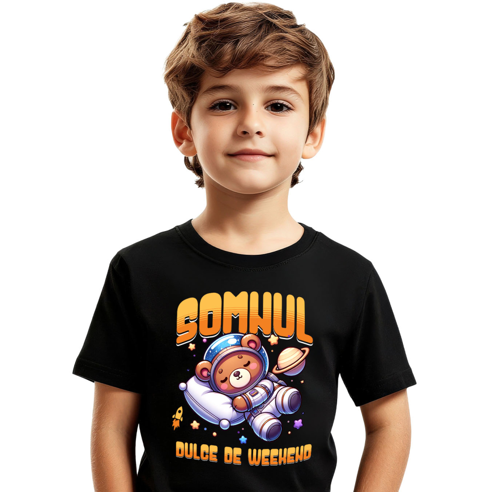 Tricou Femei, Barbati, Copii, Fata, Baiat, Unisex Personalizat Urs de Plus Maro – Somnul Dulce de Weekend în Spațiu Printre Stele | Cadou Personalizat pentru Copii [2]
