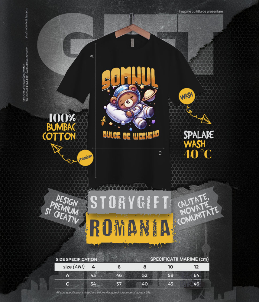 Tricou Femei, Barbati, Copii, Fata, Baiat, Unisex Personalizat Urs de Plus Maro – Somnul Dulce de Weekend în Spațiu Printre Stele | Cadou Personalizat pentru Copii [6]