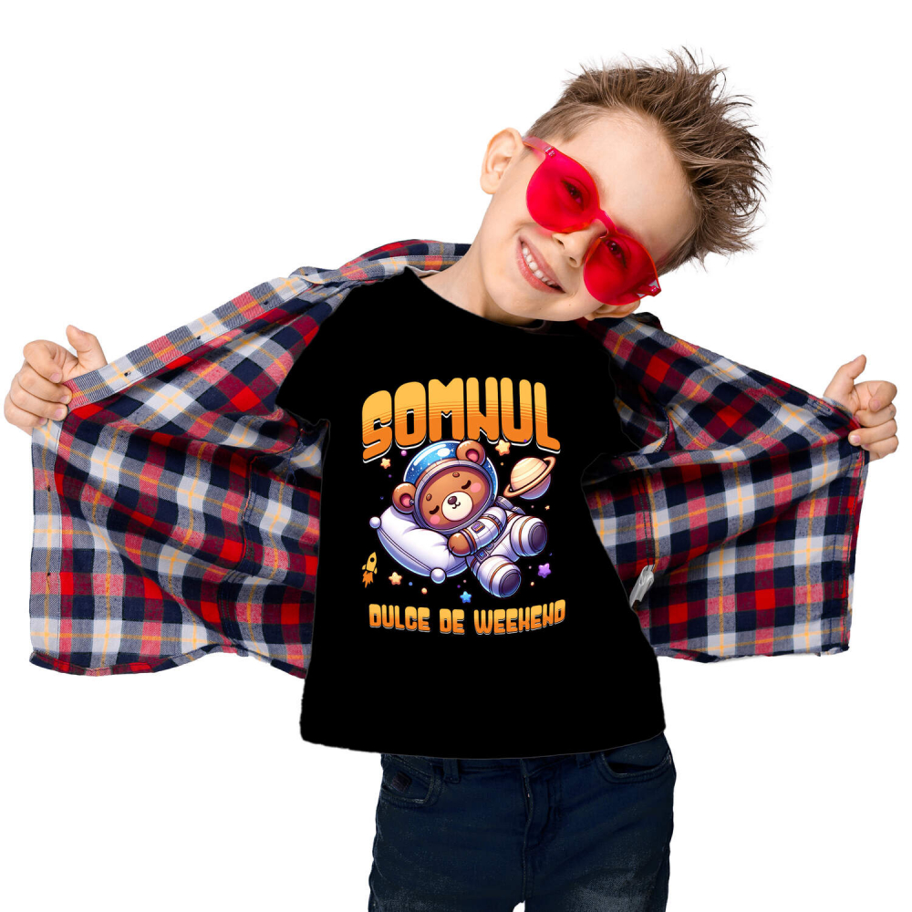 Tricou Femei, Barbati, Copii, Fata, Baiat, Unisex Personalizat Urs de Plus Maro – Somnul Dulce de Weekend în Spațiu Printre Stele | Cadou Personalizat pentru Copii [2]