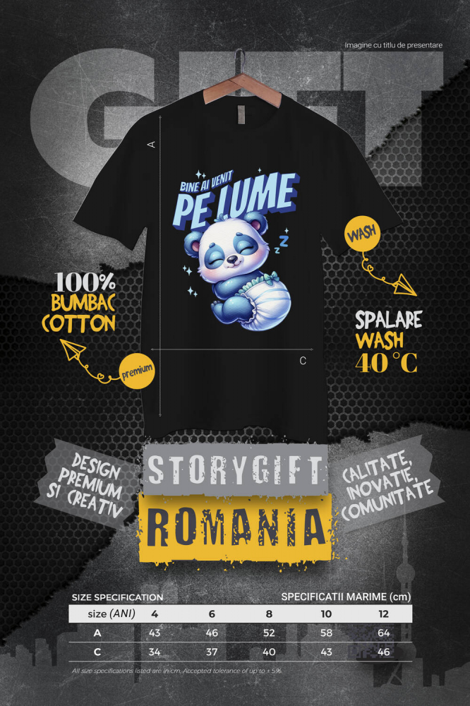 Tricou Femei, Barbati, Copii, Fata, Baiat, Unisex Personalizat Cadou Personalizat „Bine Ai Venit Pe Lume” | Urs Panda Bebe Cu Scutec [4]