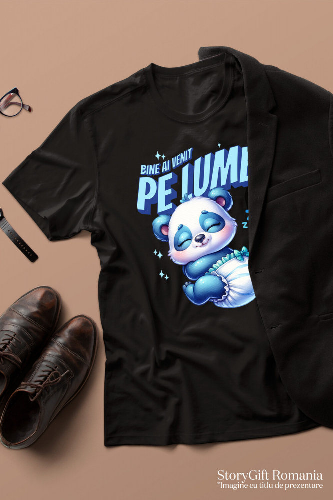 Tricou Femei, Barbati, Copii, Fata, Baiat, Unisex Personalizat Cadou Personalizat „Bine Ai Venit Pe Lume” | Urs Panda Bebe Cu Scutec [3]