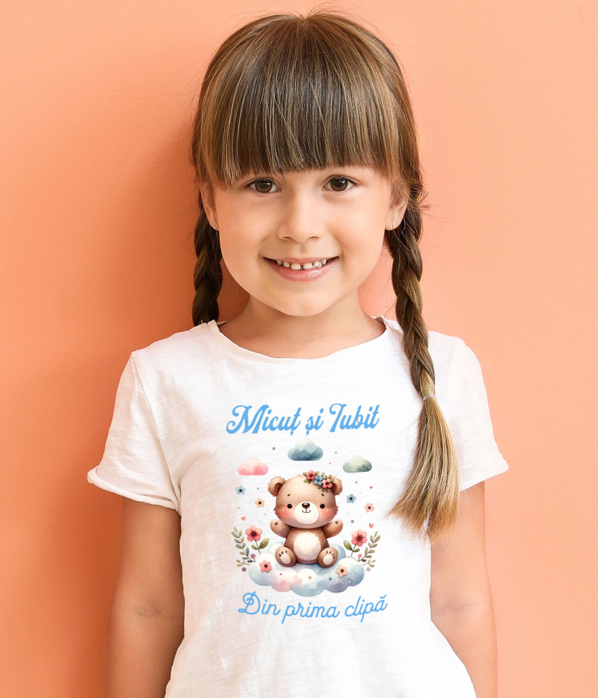 Tricou Femei, Barbati, Copii, Fata, Baiat, Unisex Personalizat Cadou Personalizat „Micuț Și Iubit Din Prima Zi” | Ursuleț De Pluș Maro Pe Norisor [4]