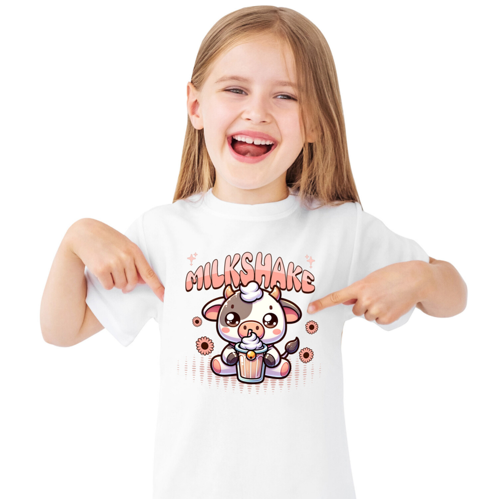 Tricou Femei, Barbati, Copii, Fata, Baiat, Unisex Personalizat „Vacă Adorabilă cu Pahar Roz – Milshake și Natură, Cadou Personalizat pentru Copii și Familie” [1]