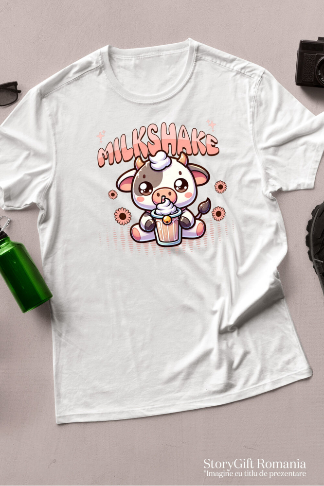 Tricou Femei, Barbati, Copii, Fata, Baiat, Unisex Personalizat „Vacă Adorabilă cu Pahar Roz – Milshake și Natură, Cadou Personalizat pentru Copii și Familie” [3]