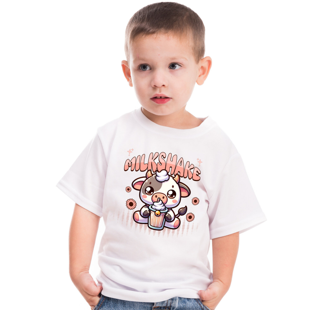 Tricou Femei, Barbati, Copii, Fata, Baiat, Unisex Personalizat „Vacă Adorabilă cu Pahar Roz – Milshake și Natură, Cadou Personalizat pentru Copii și Familie” [2]