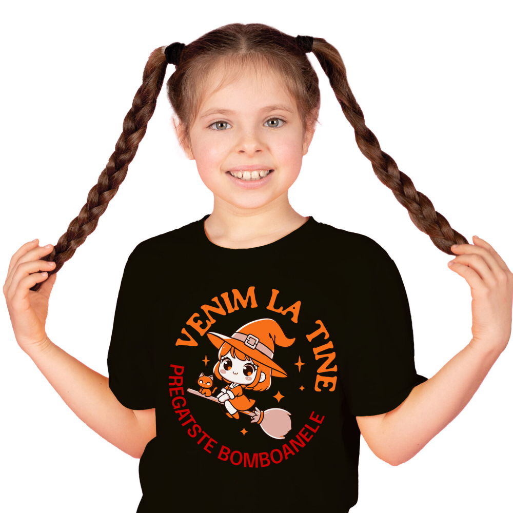 Tricou Femei, Barbati, Copii, Fata, Baiat, Unisex Personalizat Costum Vrajitoare Pe Mătura | Cadou Personalizat Halloween pentru Copii [1]