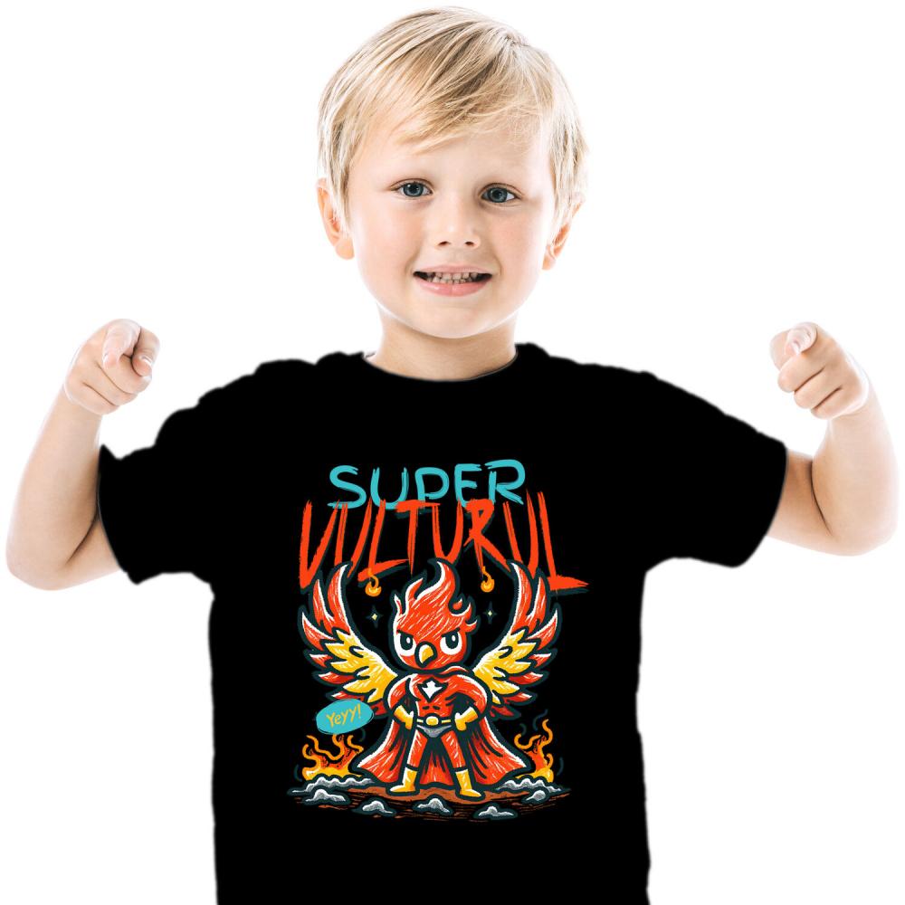 Tricou Femei, Barbati, Copii, Fata, Baiat, Unisex Personalizat Vultur Desenat Roșu Cu Costum De Super Erou – Cadou Personalizat „Super Vultur” [1]