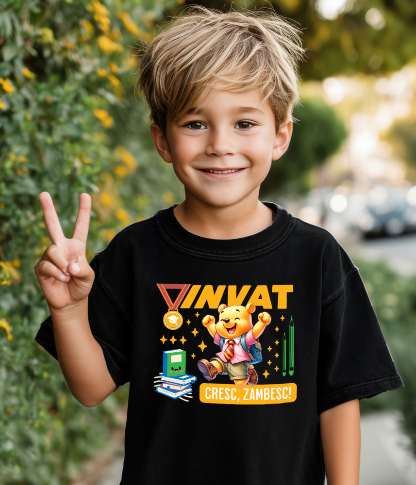 Tricou Copii cu Winnie: Descoperim, Zambim Si Ne Dezvoltam 100% Bumbac, Negru, 10 Ani [3]