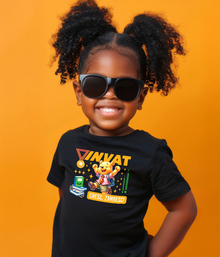 Tricou Copii cu Winnie: Descoperim, Zambim Si Ne Dezvoltam 100% Bumbac, Negru, 10 Ani [4]