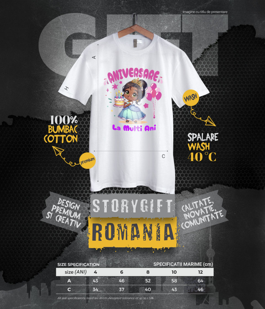 Tricou Copii cu Zi de Nastere Regală cu Cadouri Tiana 100% Bumbac, Alb, 6 Ani [6]