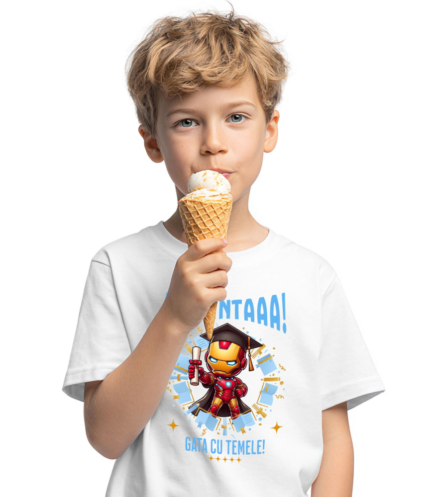 Tricou Copii cu Zile de Vacanta cu Iron Man si Diplome 100% Bumbac, Alb, 6 Ani [3]