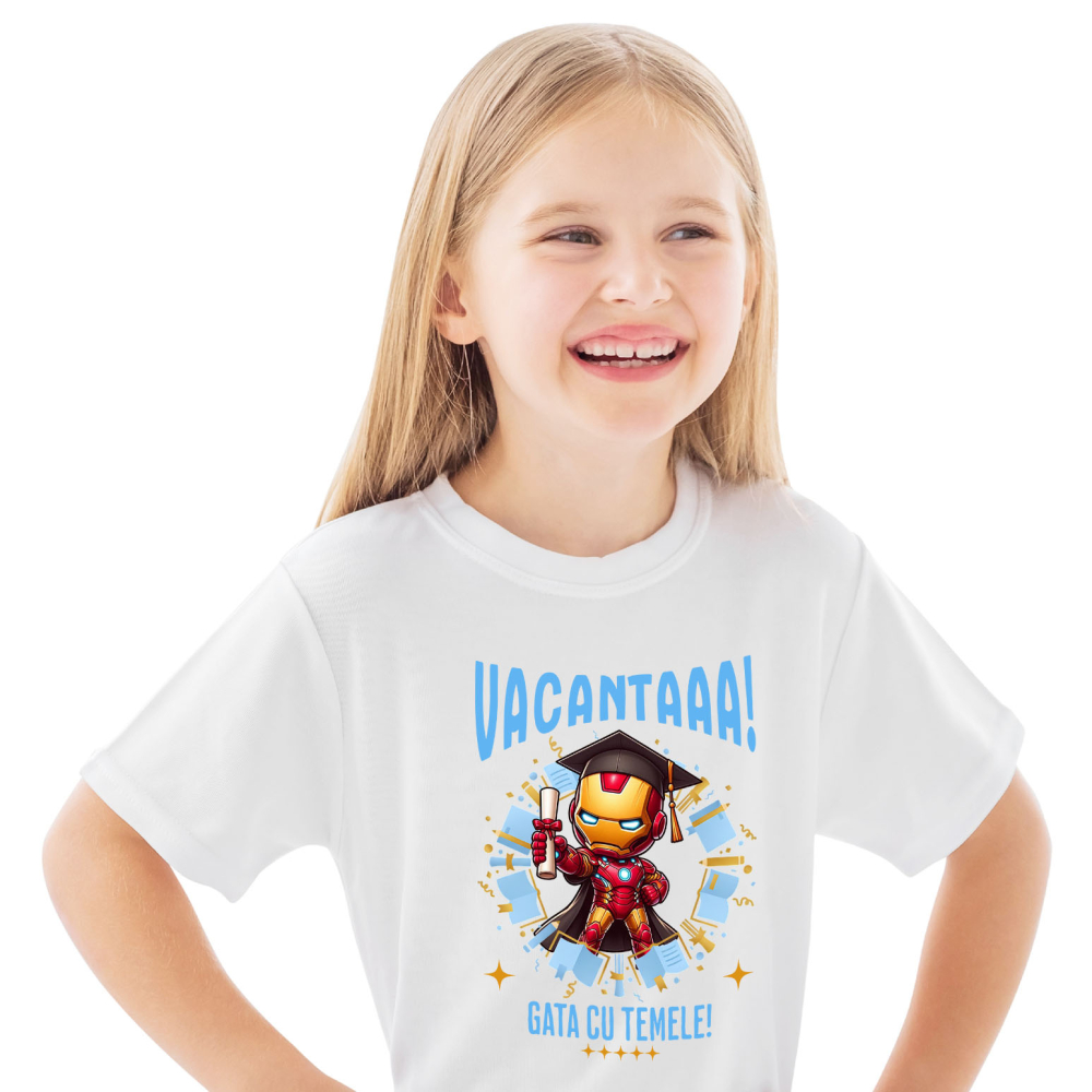 Tricou Copii cu Zile de Vacanta cu Iron Man si Diplome 100% Bumbac, Alb, 6 Ani [2]