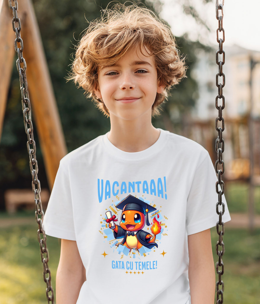 Tricou Copii cu Zile Vesel de Vacanta cu Charmander si Diplome 100% Bumbac, Alb, 10 Ani [3]