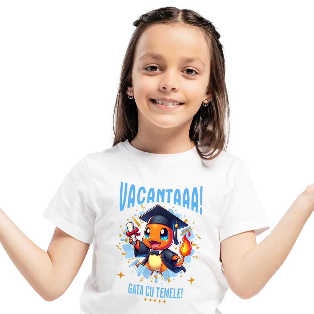 Tricou Copii cu Zile Vesel de Vacanta cu Charmander si Diplome 100% Bumbac, Alb, 10 Ani [2]