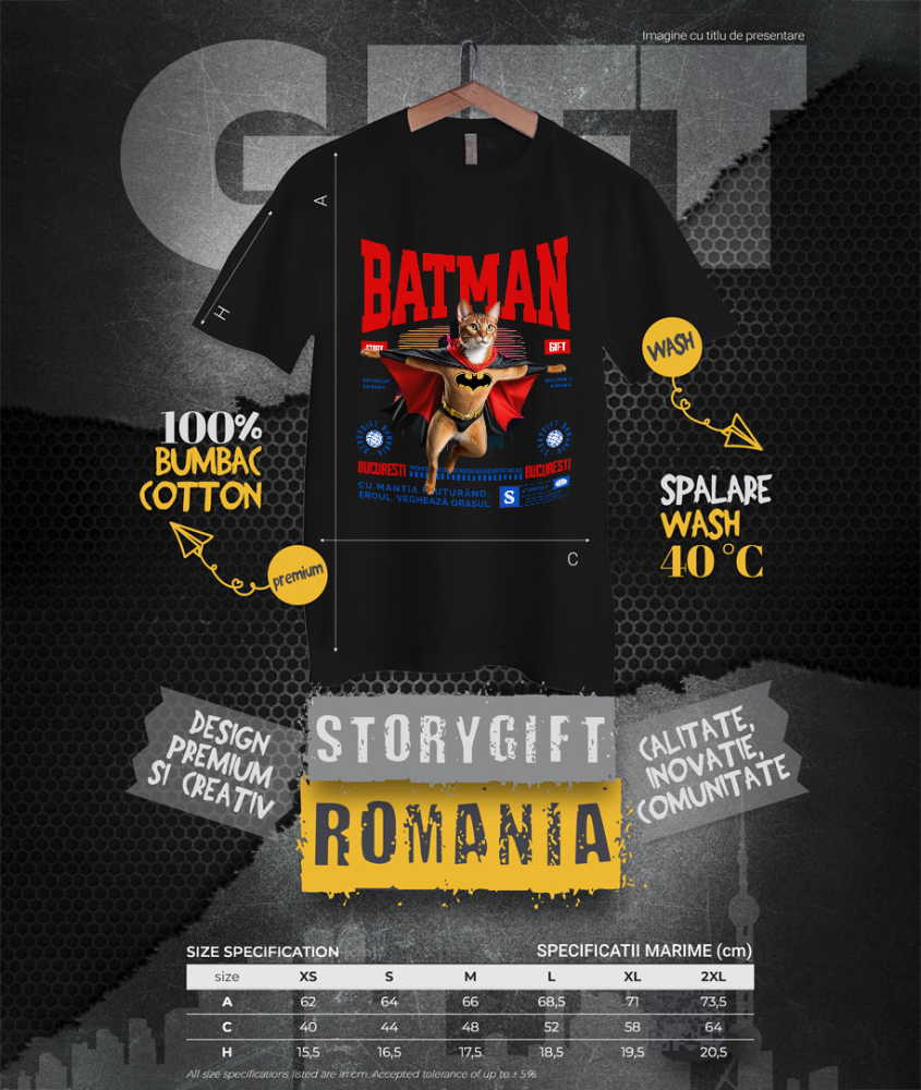 Tricou Femei, Barbati, Copii, Fata, Baiat, Unisex Personalizat Pisica Abisinian în Costum de Batman – Un Supererou Drăgălaș pentru Iubitorii de Pisici [4]