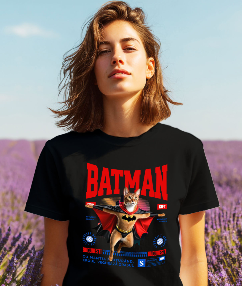 Tricou Femei, Barbati, Copii, Fata, Baiat, Unisex Personalizat Pisica Abisinian în Costum de Batman – Un Supererou Drăgălaș pentru Iubitorii de Pisici [2]