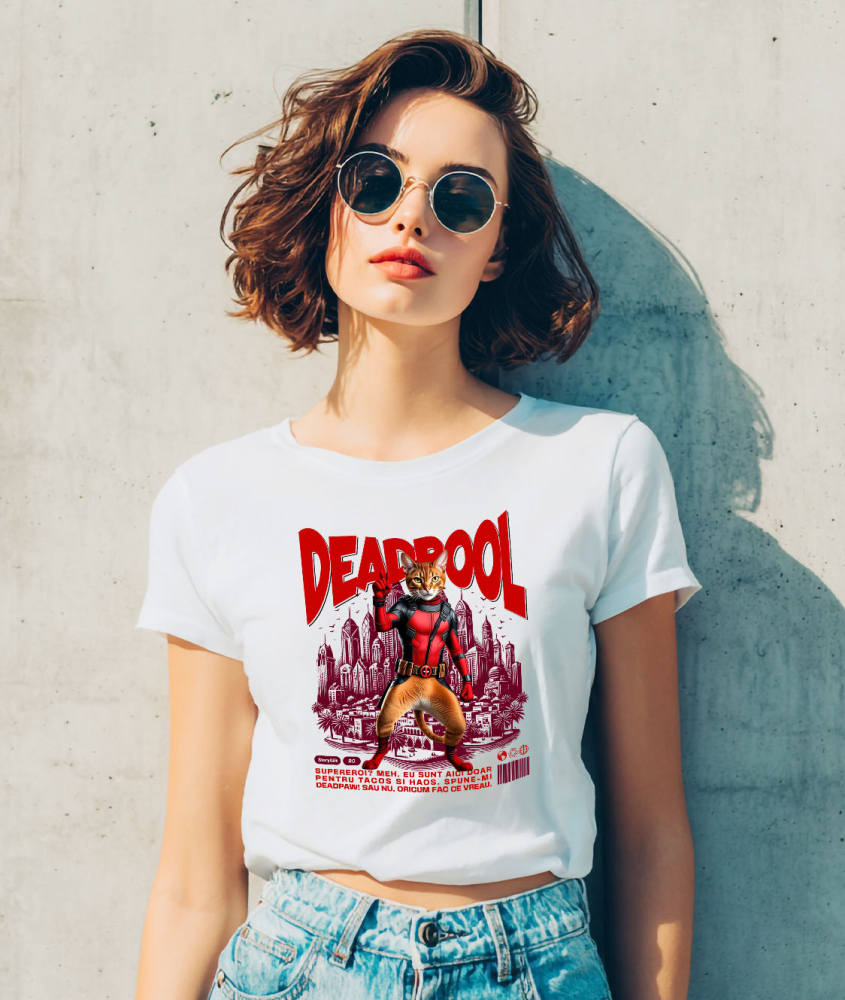 Tricou Femei, Barbati, Copii, Fata, Baiat, Unisex Personalizat Pisică Abisiniană în Costum Deadpool – Supererou Amuzant pentru Iubitorii de Pisici [2]