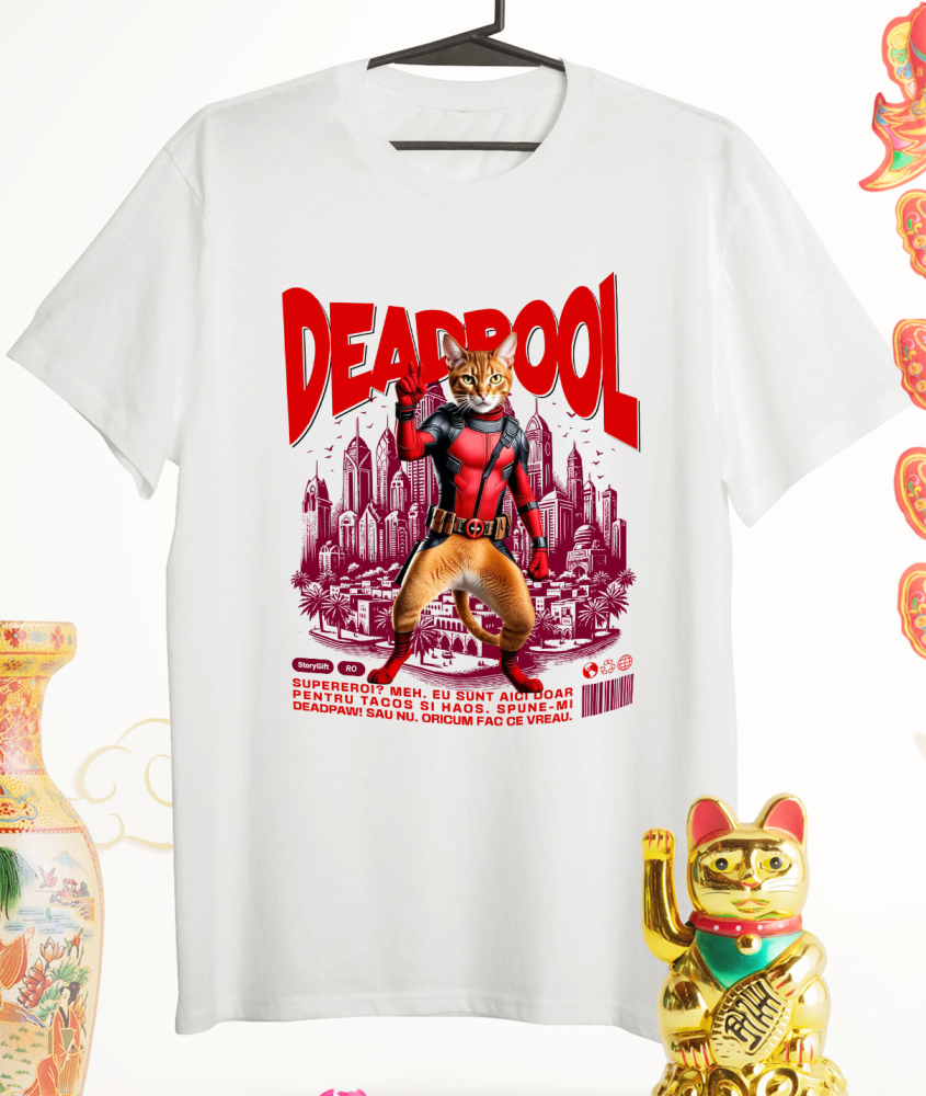 Tricou Femei, Barbati, Copii, Fata, Baiat, Unisex Personalizat Pisică Abisiniană în Costum Deadpool – Supererou Amuzant pentru Iubitorii de Pisici [3]