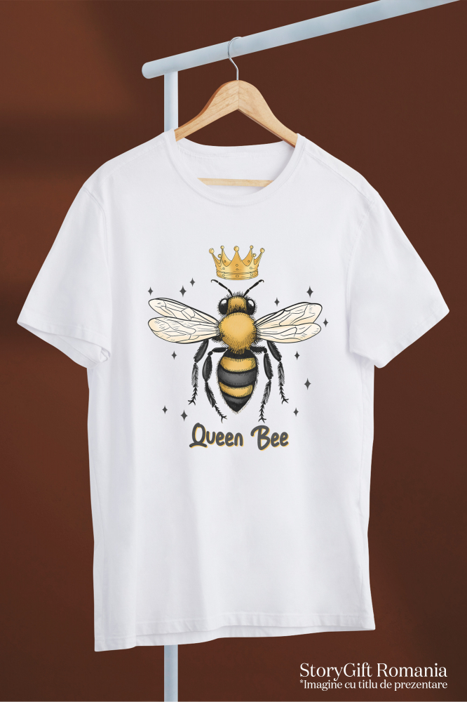 Tricou Femei cu albina cu coroana si cu stelute in jur cu mesajul "Queen Bee", regina albina, conducere, lider, insecta, ilustratie  cu imprimeu pe Fata, 100% Bumbac, Alb, L [3]
